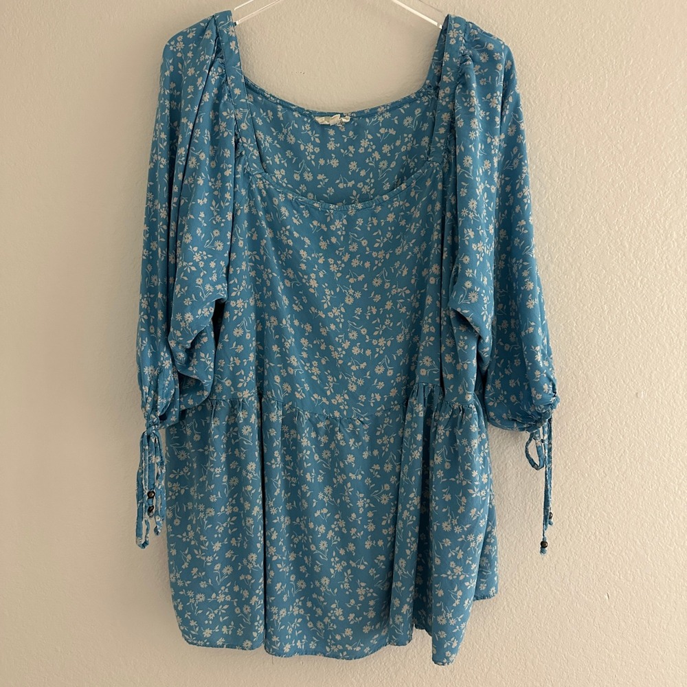 Romantic Gypsy Babydoll Blouse Women 3X Blue Floral Square Neck Boho Peplum